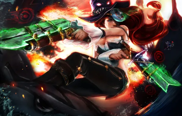Picture girl, weapons, hat, mask, monster, the battle, art, league of legends