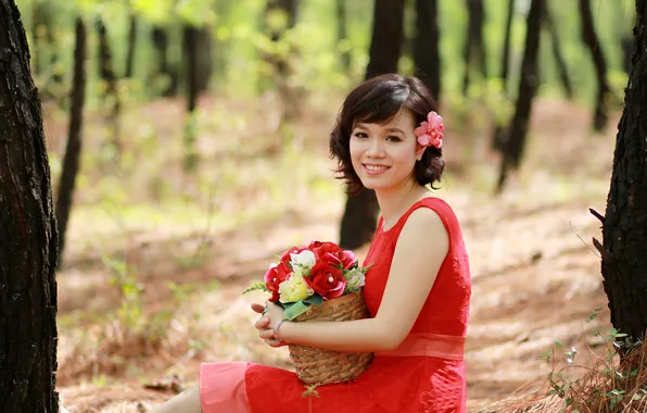 Forest, girl, flowers