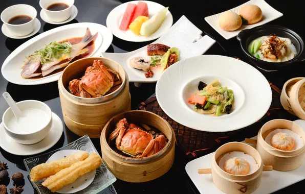 Crab, fish, vegetables, meals, cuts