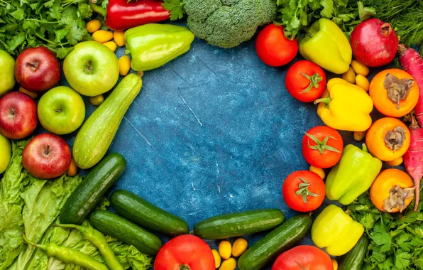 Fruit, blue background, cuts