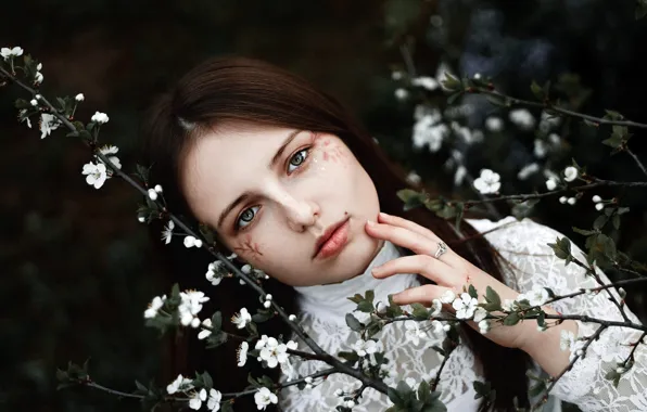 Branches, pose, model, portrait, makeup, hairstyle, blouse, brown hair