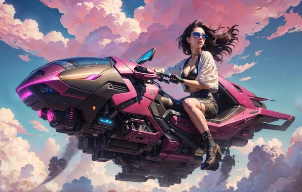 Picture the sky, girl, rider, aircraft, pink clouds, science fiction, Scifi, Girl Jetskiing