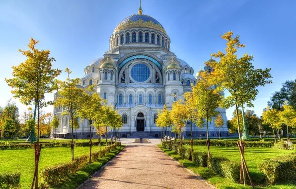 Trees, HDR, track, Cathedral, temple, Russia, cathedral, St. Petersburg