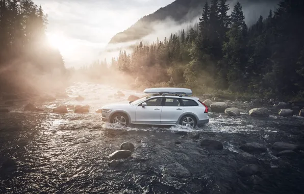Mountains, nature, river, Volvo, car