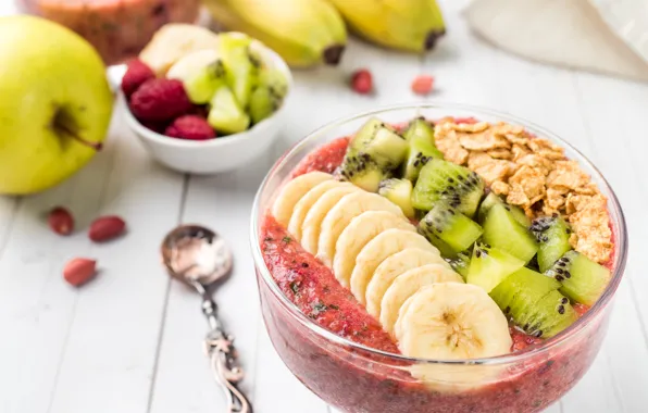Breakfast, fruit, cereal, yogurt