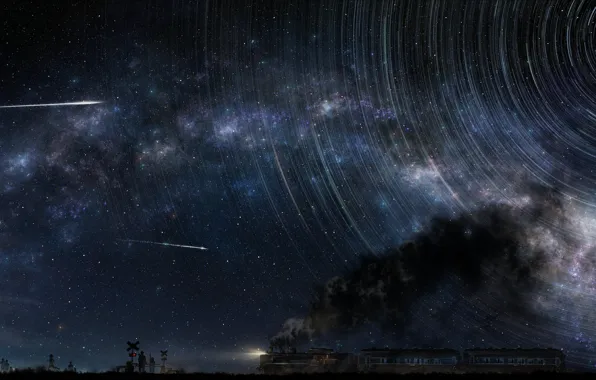 The sky, stars, people, the moon, smoke, train, art, tsujiki
