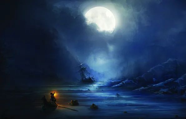 Moon, fantasy, game, sea, people, Assassin's Creed, moonlight, ship