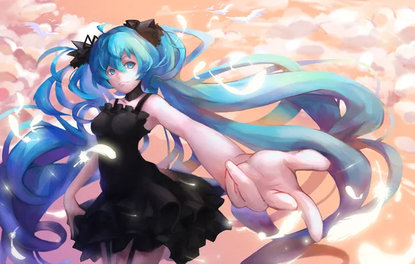Picture look, girl, smile, feathers, vocaloid, hatsune miku, gesture, Vocaloid