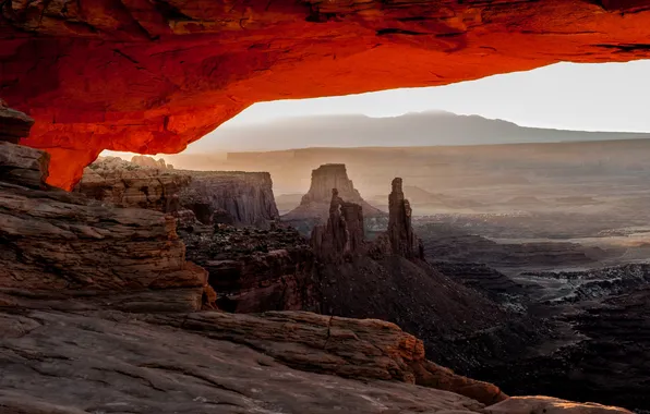 The sky, sunset, mountains, rocks, haze