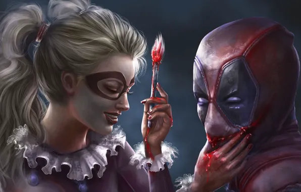 Smile, paint, art, brush, Deadpool, Harley Quinn