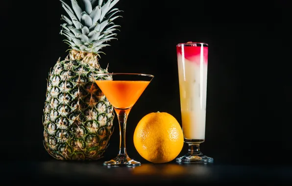 Glass, orange, juice, cocktail, fruit, pineapple, black background