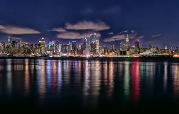 The sky, water, clouds, night, the city, home, New York, backlight