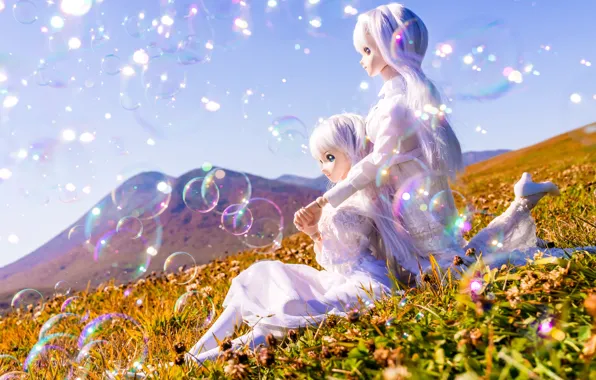 Summer, the sun, girls, mood, doll, meadow, bubbles