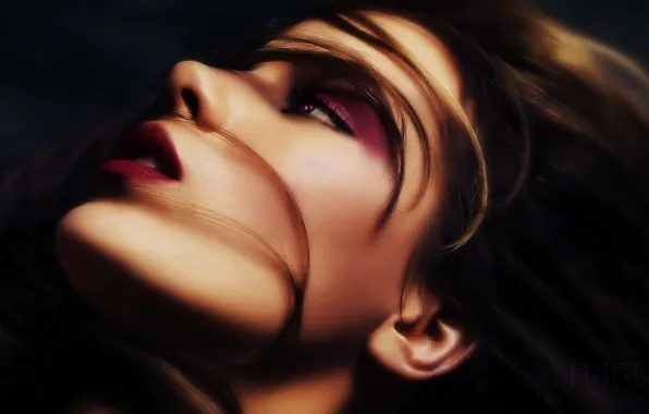 Face, hair, makeup, shadows, profile, brown hair, lipstick, looking up
