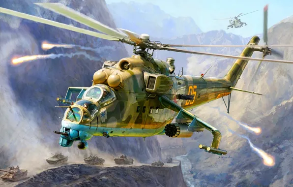 Picture USSR, Mi-24V, Soviet attack helicopter, "Crocodile", the war in Afghanistan, Flares