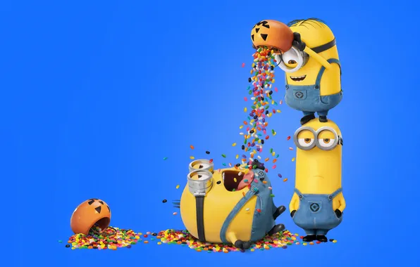 Cartoon, candy, blue background, Minions, Minions