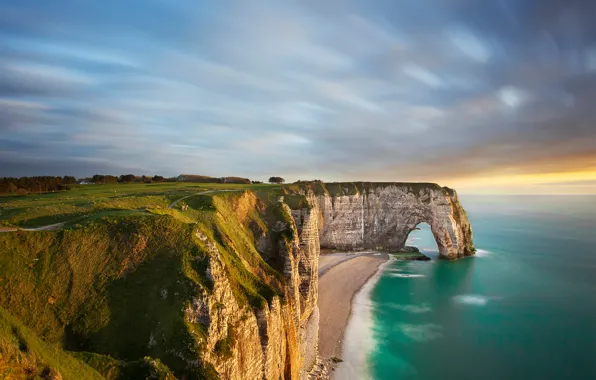 Sea, clouds, sunset, shore, arch