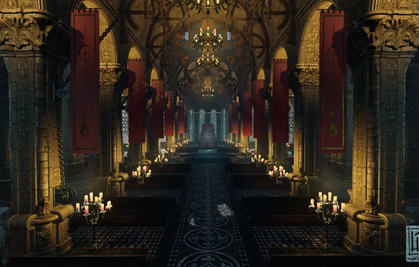 Columns, hall, Cathedral, arch, mysterious object