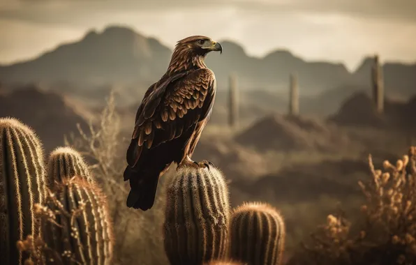 Mountains, Bird, Eagle, Cacti, Predator, Digital art, A bird of prey, AI art