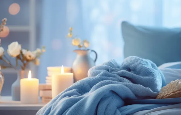 Light, flowers, comfort, room, flame, blue, tenderness, bed