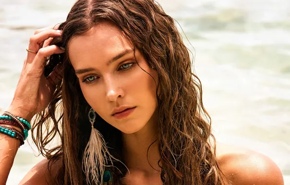Girl, wet, blue eyes, model, beauty, water drops, face, brunette