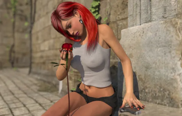Flower, girl, face, rendering, shorts, rose, earrings, Mike