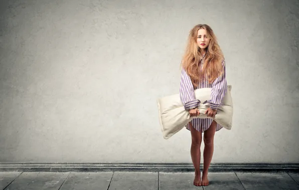 Girl, wall, the situation, barefoot, pillow, makeup, hairstyle, is