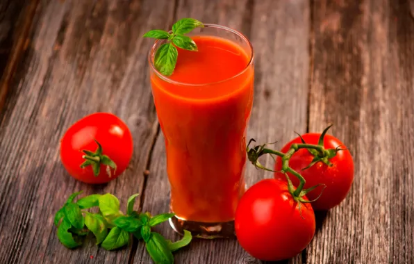Leaves, glass, Board, juice, red, tomatoes, tomatoes, bokeh