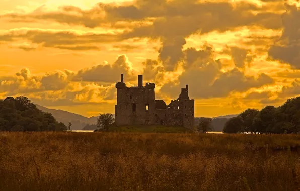 Lake, castle, Scotland, ruins, Kilchurn