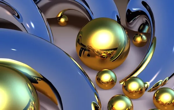 Picture line, abstraction, Wallpaper, Shine, curves, picture, blue background, Golden balls