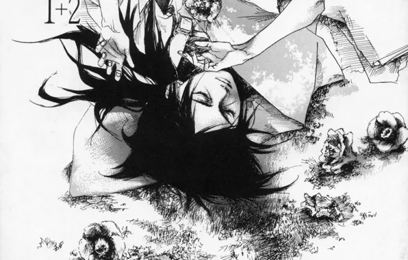 Figure, black and white, hands, kimono, Itachi Uchiha, Naruto Shippuden, lying on her back, Camellia