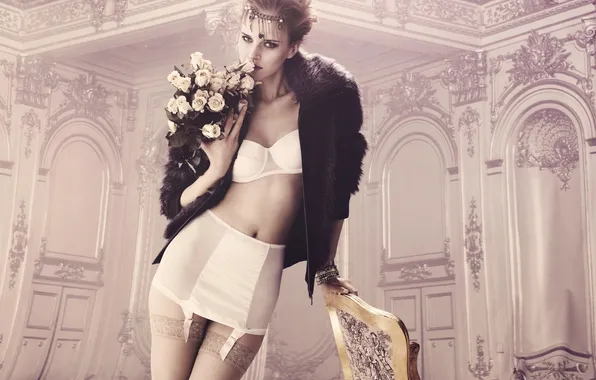 Look, girl, decoration, flowers, room, model, stockings, blonde