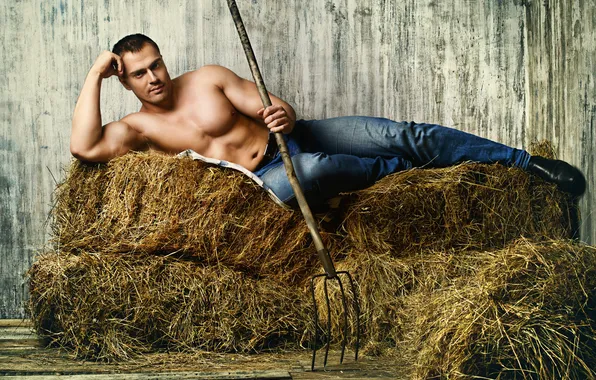Picture jeans, hay, guy, torso, pitchfork
