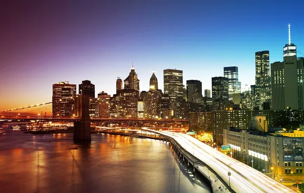 Picture reflection, New York, skyscrapers, mirror, Brooklyn bridge, twilight, Manhattan, United States