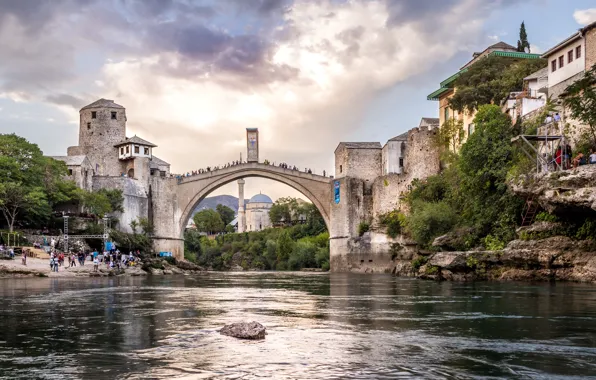 Bridge, the city, river, building, home, Bosnia and Herzegovina, Mostar, Neretva