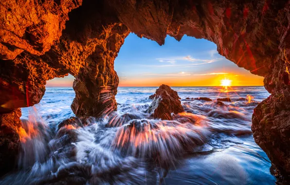 Sunset, the ocean, rocks, CA, surf, Pacific Ocean, California, the grotto