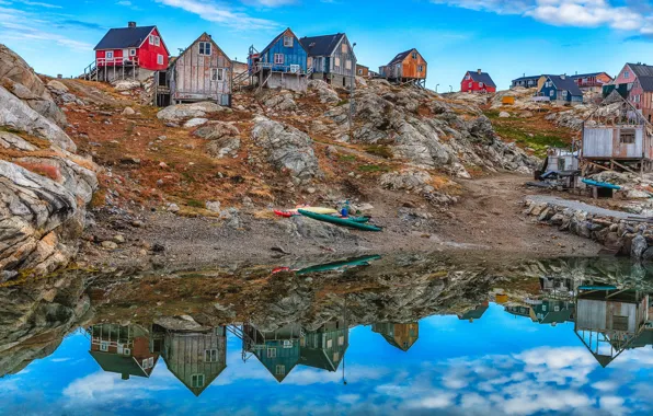 The sky, clouds, reflection, home, the village, Greenland