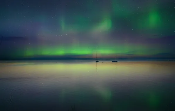 The sky, night, reflection, boat, Northern lights, horizon, pond