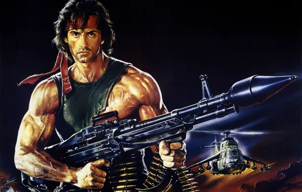 Weapons, figure, helicopters, art, headband, cartridges, poster, Sylvester Stallone