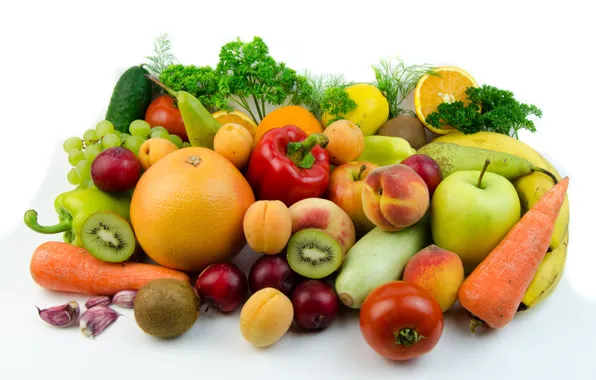 Greens, table, lemon, Apple, oranges, kiwi, cucumber, white background