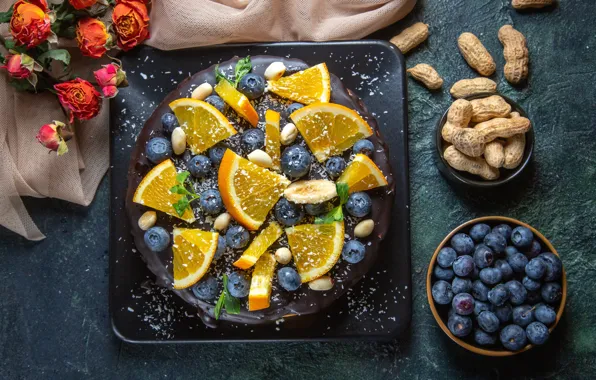 Flowers, berries, roses, oranges, plate, cake, slices, peanuts