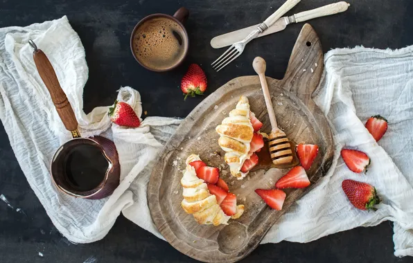 Picture Breakfast, strawberry, honey, croissant, cutting Board
