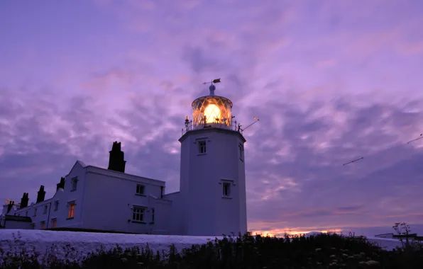 Winter, the sky, light, snow, sunset, lighthouse, England, the evening