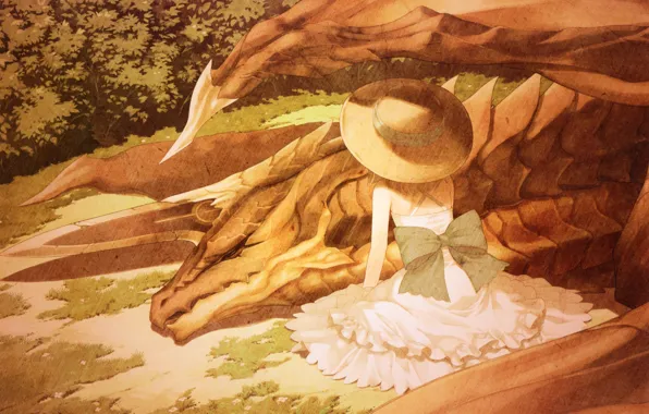Dragon, back, hat, bow, art, sundress, visual novel, tony taka