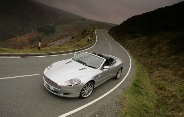 Picture road, Aston Martin, mountain, silver, Aston Martin, supercar, DB9, convertible