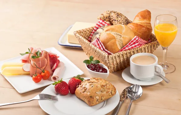 Picture coffee, Breakfast, cheese, strawberry, juice, tomatoes, cakes, bacon