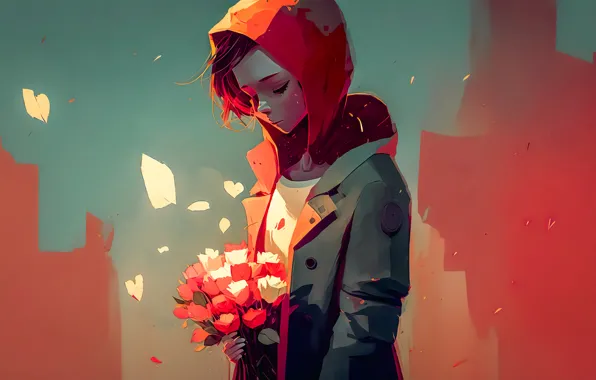 Flowers, mood, bouquet, art, hood, girl, sad, neural network