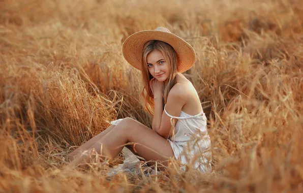 Picture field, summer, look, girl, pose, smile, mood, hat