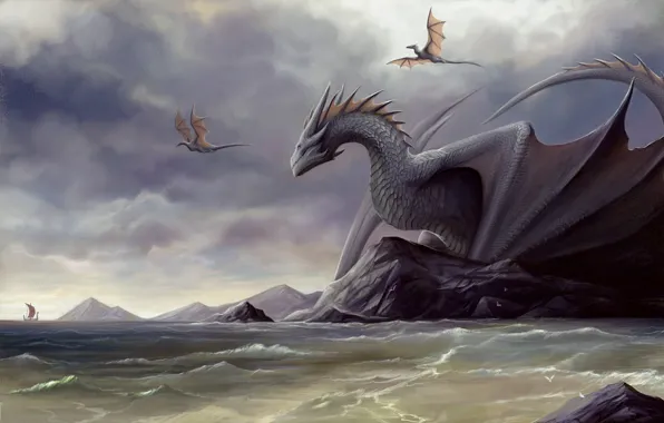 Sea, shore, ship, dragons, being, monsters, horns