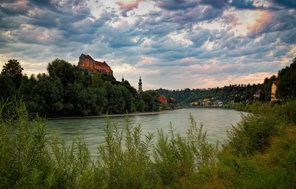The sky, grass, clouds, river, castle, hills, shore, dal